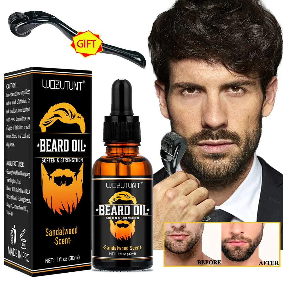 Huile de conditionnement pour barbe de karité naturelle, adoucit, renforce la barbe, parfum de bois de santal, 30ml et rouleau doucement pour hommes, Massage des poils du visage
